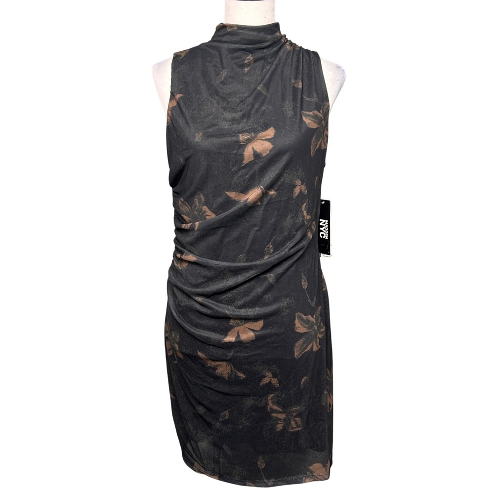 Madden NYC Dress Women Large Black NWT Floral Mesh Ruched Sleeveless Mock Neck